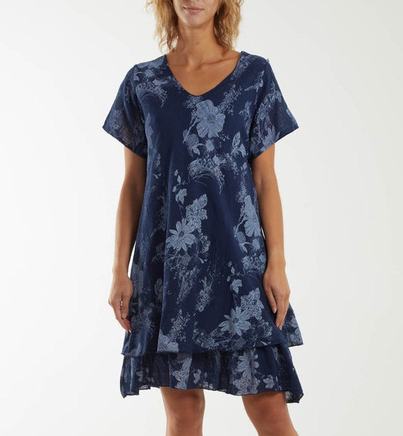 Navy Floral Double Layer Short Sleeve Dress