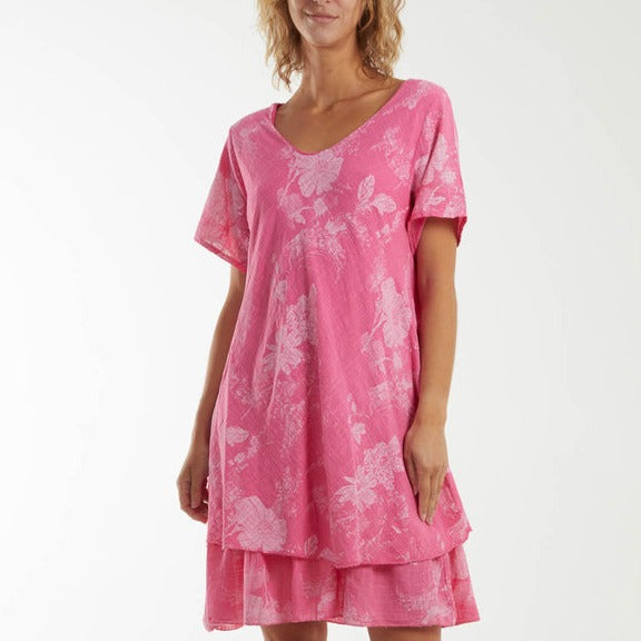 Hot Pink Floral Double  Layer Short Sleeve Dress 