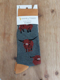 House of Tweed Grey with Mustard Highland cow socks