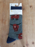 House of tweed Grey with navy highland cow socks 