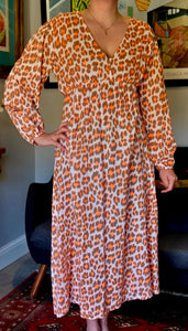 V Neck Cheesecloth Midi Dress Puff Sleeve Neon Leopard Print