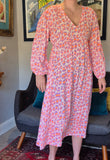 V Neck Cheesecloth Midi Dress Puff Sleeve Neon Leopard Print