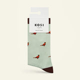 Packaged socks with KOSI branding on a light green background