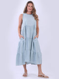 Blue sleeveless tiered gingham dress