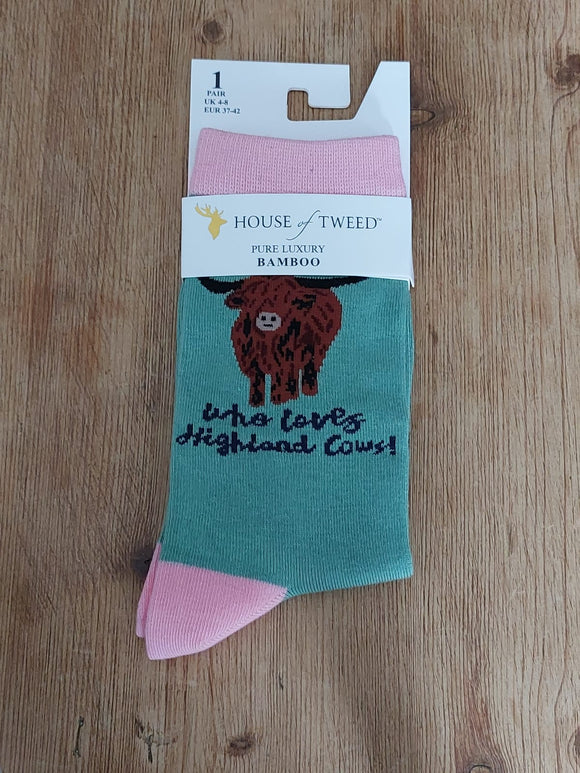 Ladies Green  Highland Cow House of Tweed socks 