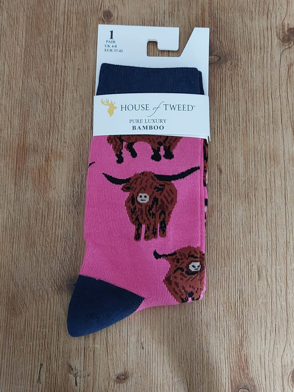 house of tweed pink highland cow bamboo socks