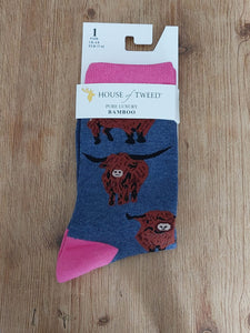 house of tweed pink highland cow bamboo socks