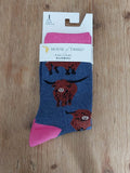 House of Tweed Navy Highland Cow Bamboo Socks