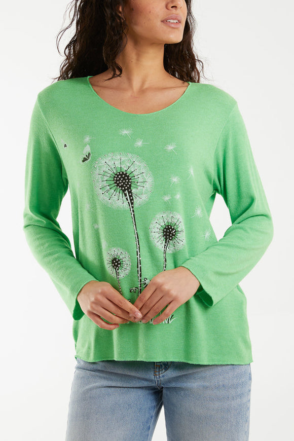 Ladies Green Dandelion Fine Knit Jumper