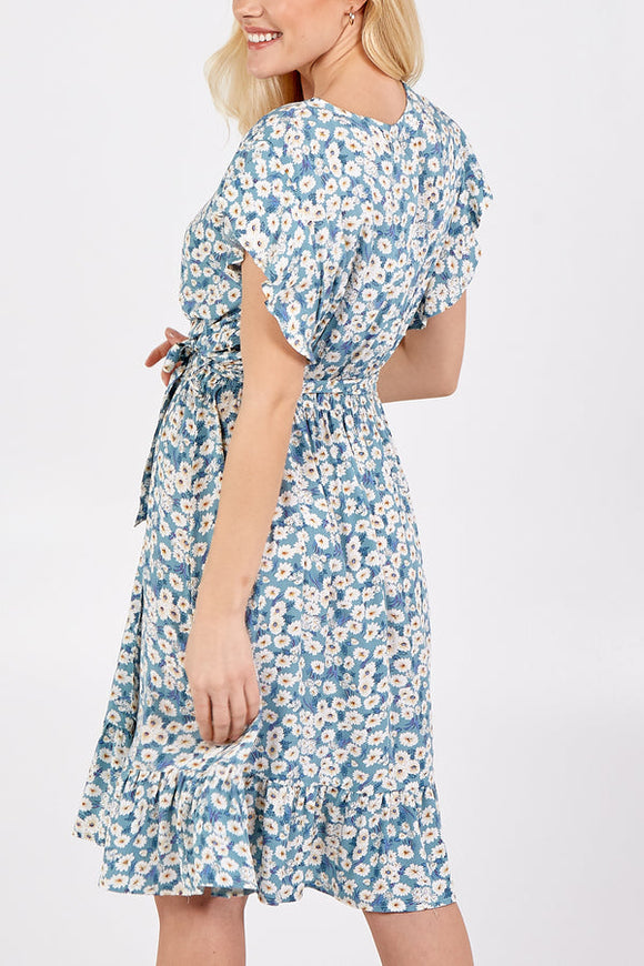 Blue Frill Sleeve Floral Wrap Midi Dress