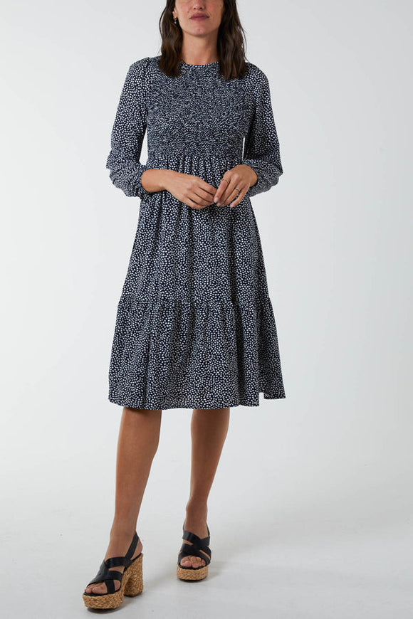 Navy Tiered Ruched Top Smock Dress