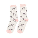 A pair of crew socks with a white background featuring a repeating pattern of grey Italian Greyhound dog silhouettes, finished with light pink heels, toes, and ribbed cuffs.