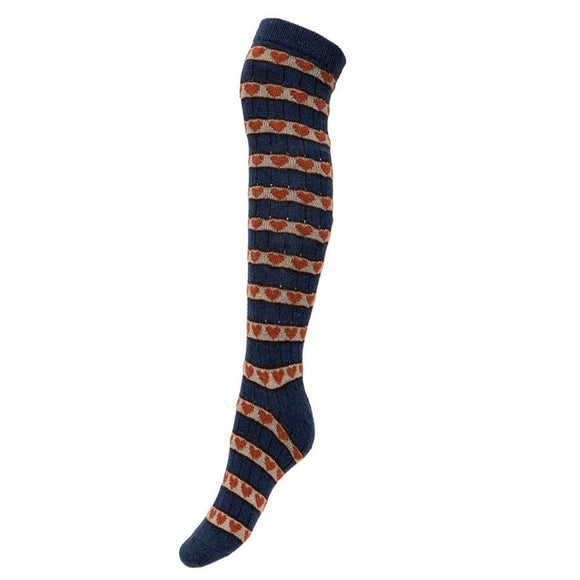 Joya Ladies Blue Heart Patterned Long Wool Blend Socks