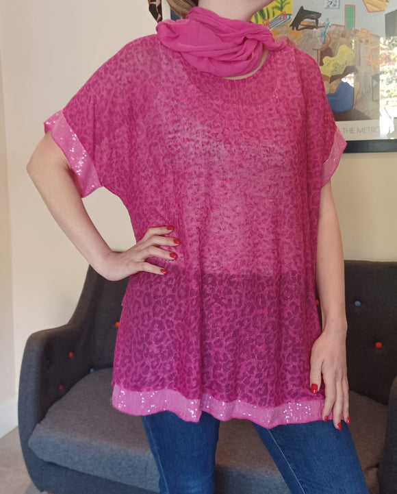 Leopard Print Sequin Hem Scarf Top